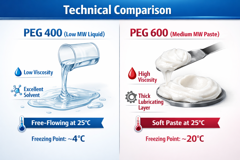 Technical comparison of PEG 400 liquid vs PEG 600 paste physical properties for industrial selection