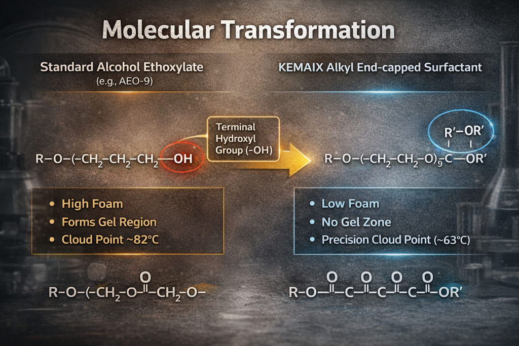 Chemical structure comparison of standard AEO and **End-capped Alcohol Ethoxylates** demonstrating how alkyl capping eliminates gel zones and reduces foam.