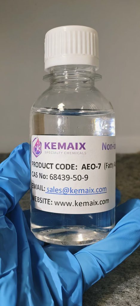 Clear liquid sample of Kemaix Alcohol Ethoxylate Surfactants (AEO-7) for industrial degreasing and wetting