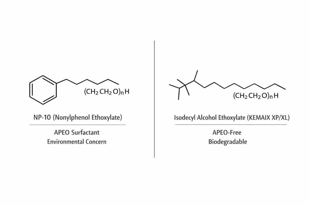 A visual comparison of NP-10 Replacement Surfactant (APEO) vs biodegradable Isomeric Alcohol Ethoxylate structure