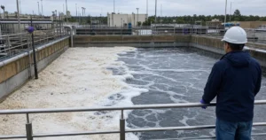Wastewater treatment aeration basin with contained foam during a process assessment