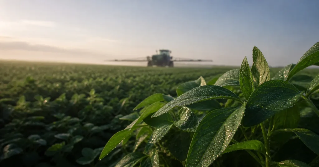 Agricultural spray droplets on crop leaves with a sprayer in the distance