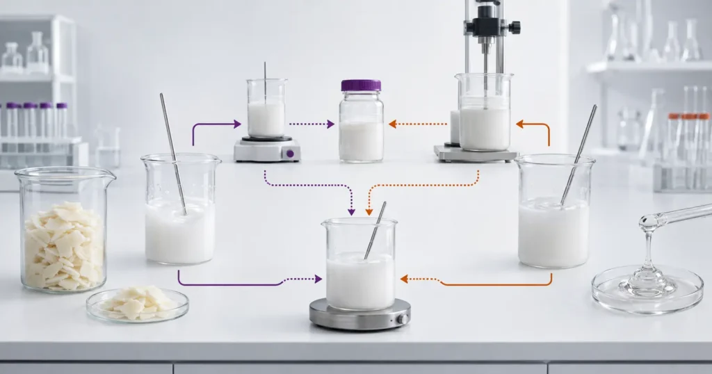 Separate laboratory screening paths for wax-in-water and silicone-in-water emulsions